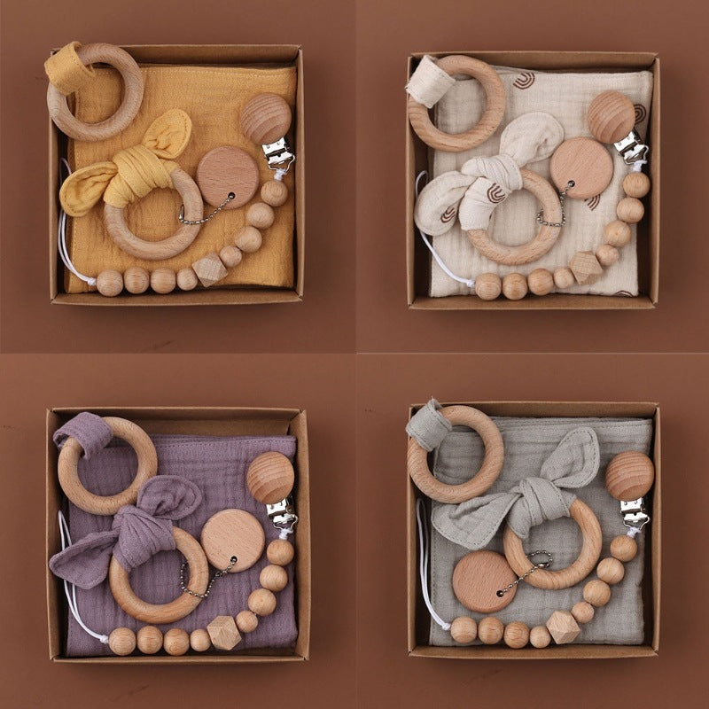 Baby Bath Toy Set Wooden Rattle Infant Babyplay Cotton Comfort Towel Baby Teether Wood Ring Baby Shower Gift